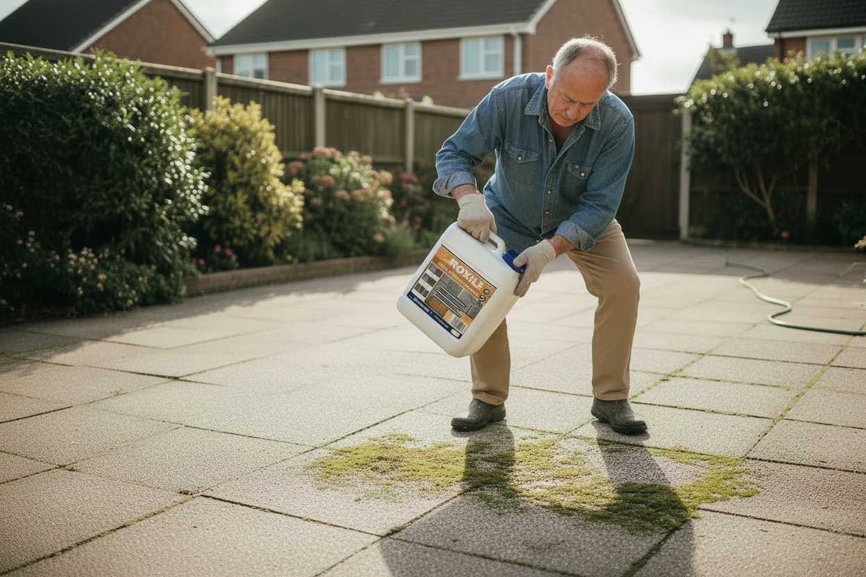 Man holding Roxil product on driveway, no liquid