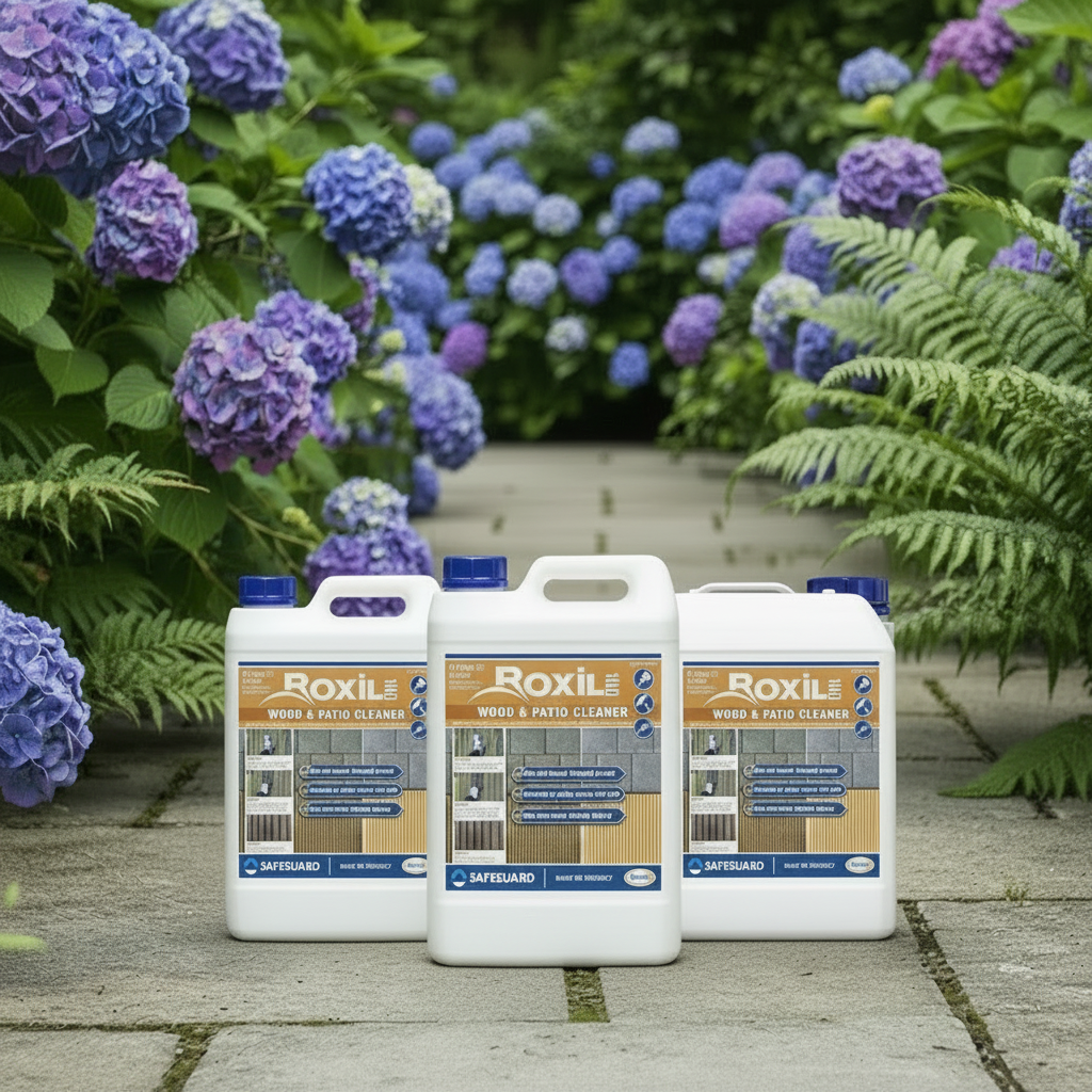 Three Identical Roxil Bottles in Garden